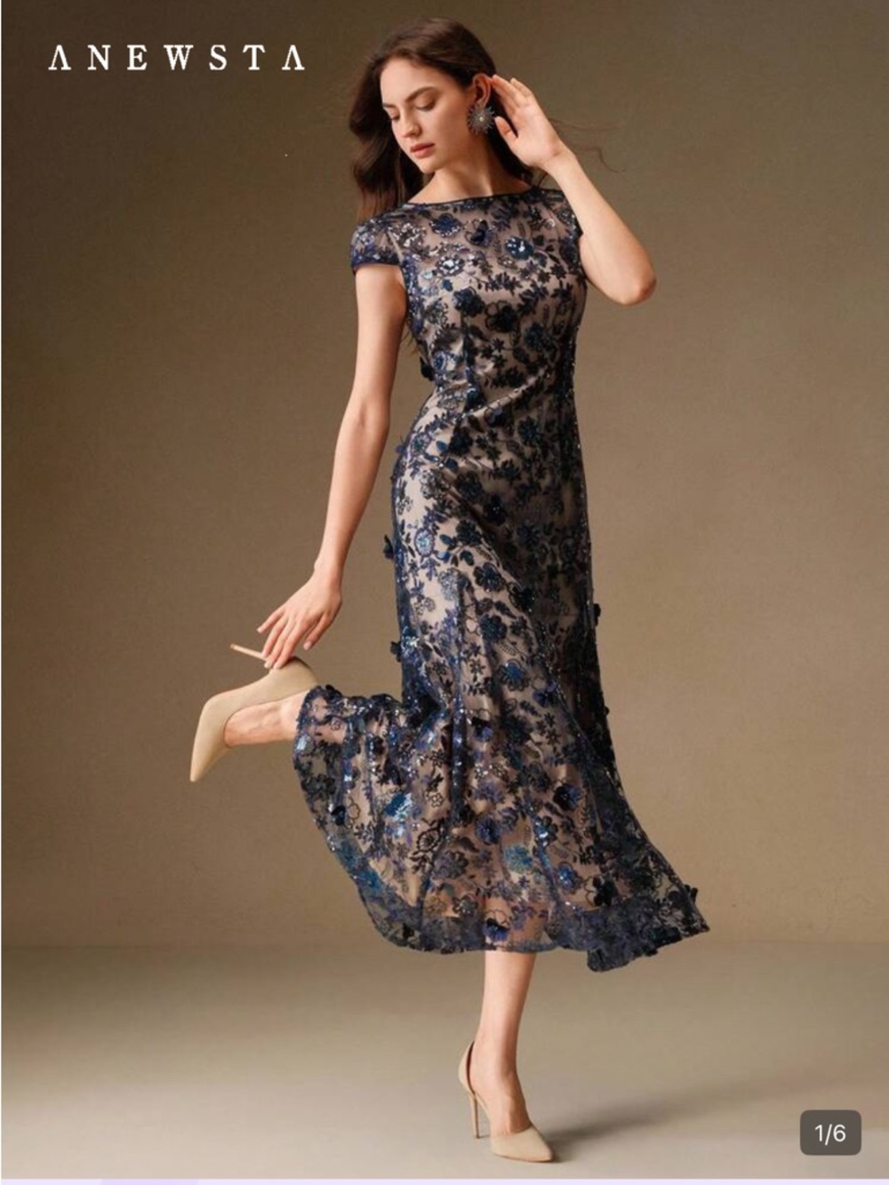 Anewsta Navy Floral Lace Midi Dress with Sequin Detail
